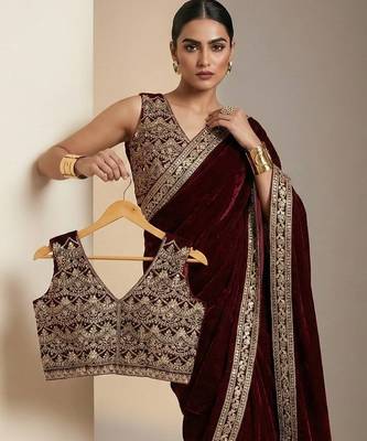 Maroon Color Plain With Embroidery And Sequins Work Viscose Velvet Saree 2