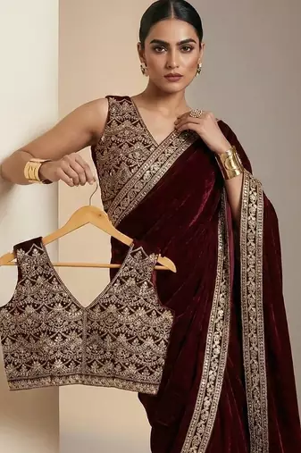 Maroon Color Plain With Embroidery And Sequins Work Viscose Velvet Saree