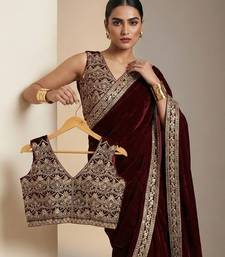 Maroon Color Plain With Embroidery And Sequins Work Viscose Velvet Saree