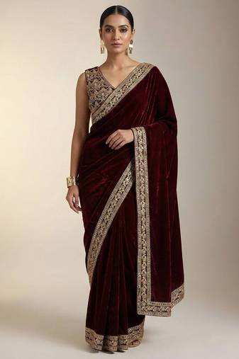 Maroon Color Plain With Embroidery And Sequins Work Viscose Velvet Saree