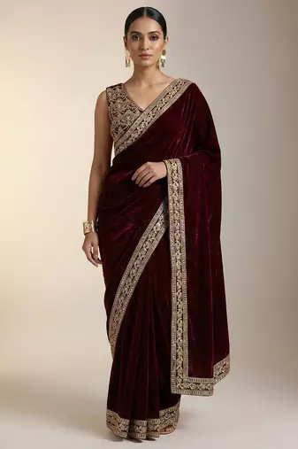 Maroon Color Plain With Embroidery And Sequins Work Viscose Velvet Saree