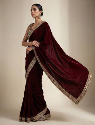 Maroon Color Plain With Embroidery And Sequins Work Viscose Velvet Saree 3