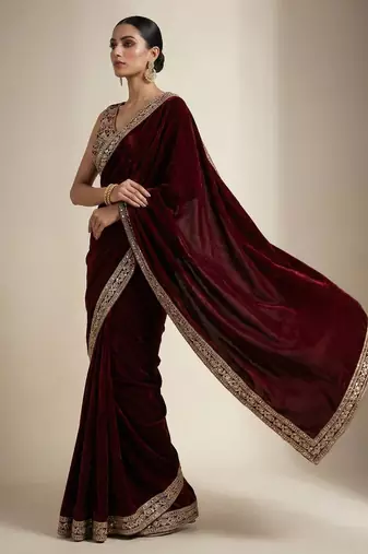 Maroon Color Plain With Embroidery And Sequins Work Viscose Velvet Saree