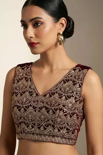 Maroon Color Plain With Embroidery And Sequins Work Viscose Velvet Saree