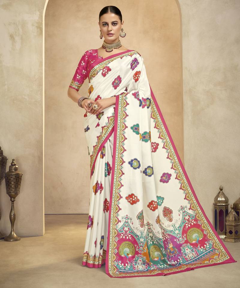 graceful ethnic off white color bollywood style crepe silk blend designer digital foil printed saree
