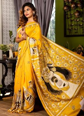 yellow woven silk blend kantha work all seasons sarees 2