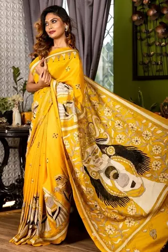 yellow woven silk blend kantha work all seasons sarees