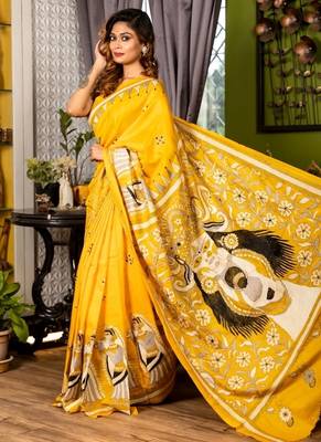 yellow woven silk blend kantha work all seasons sarees 3
