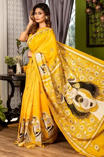 yellow woven silk blend kantha work all seasons sarees