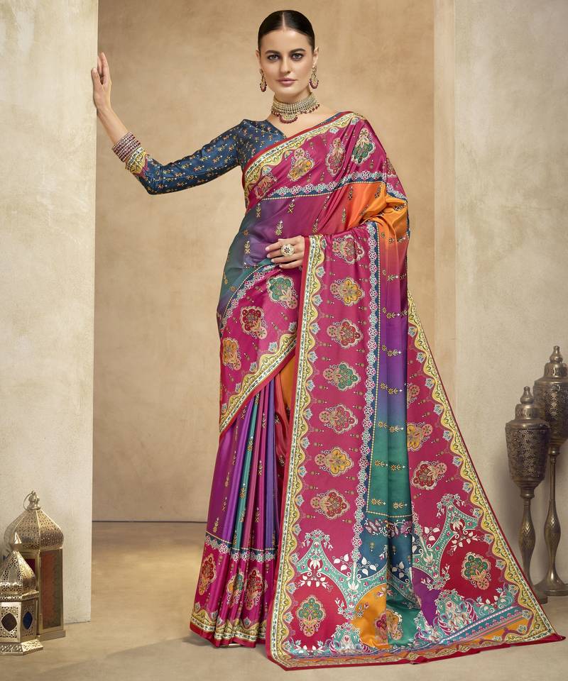 graceful ethnic multy color bollywood style crepe silk blend designer digital foil printed saree