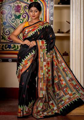black woven silk blend kantha work all seasons sarees 1
