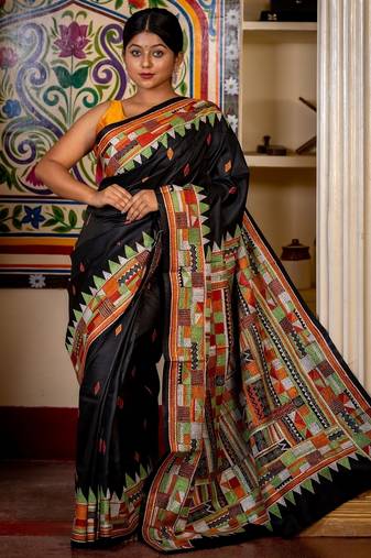 black woven silk blend kantha work all seasons sarees