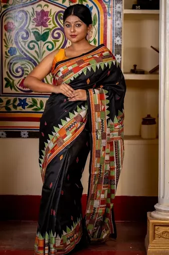 black woven silk blend kantha work all seasons sarees