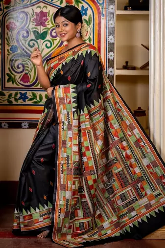 black woven silk blend kantha work all seasons sarees