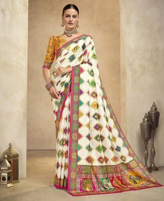 graceful ethnic off white style crepe silk blend digital foil printed saree 1