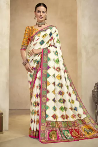 graceful ethnic off white color bollywood style crepe silk blend designer digital foil printed saree