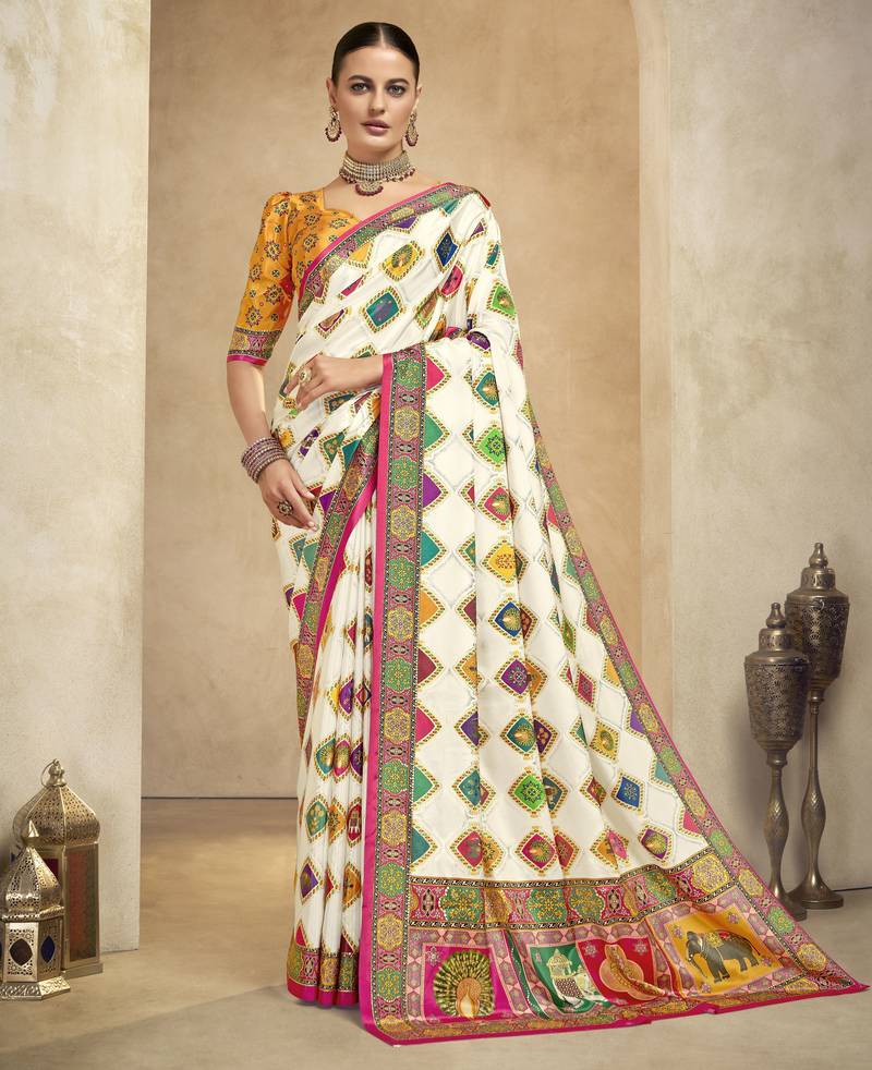 graceful ethnic off white color bollywood style crepe silk blend designer digital foil printed saree