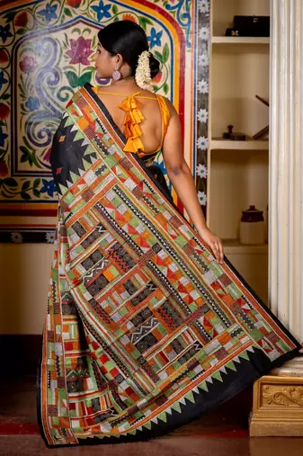 black woven silk blend kantha work all seasons sarees