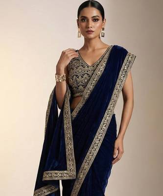 Navy Blue Color Plain With Embroidery And Sequins Work Viscose Velvet Saree 1