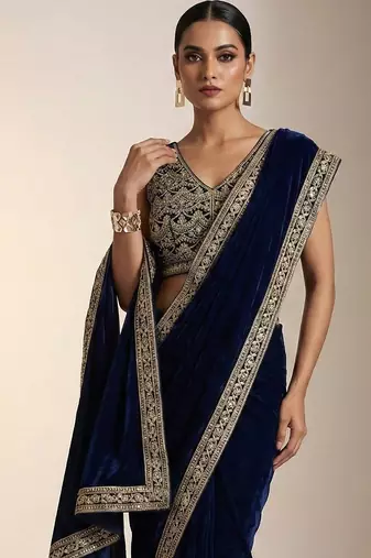 Navy Blue Color Plain With Embroidery And Sequins Work Viscose Velvet Saree