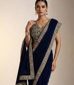 Navy Blue Color Plain With Embroidery And Sequins Work Viscose Velvet Saree