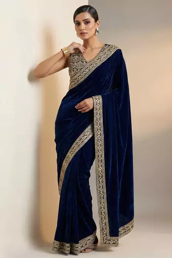 Navy Blue Color Plain With Embroidery And Sequins Work Viscose Velvet Saree