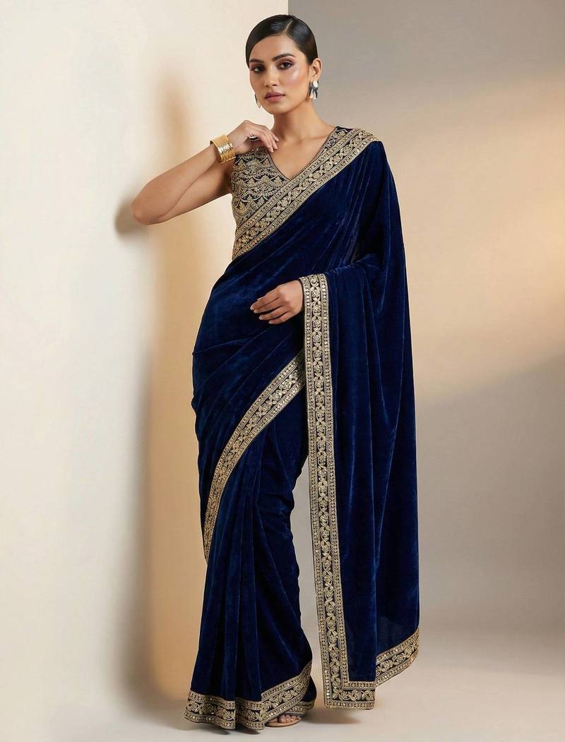 Navy Blue Color Plain With Embroidery And Sequins Work Viscose Velvet Saree