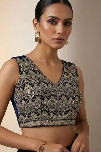 Navy Blue Color Plain With Embroidery And Sequins Work Viscose Velvet Saree