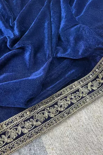 Navy Blue Color Plain With Embroidery And Sequins Work Viscose Velvet Saree