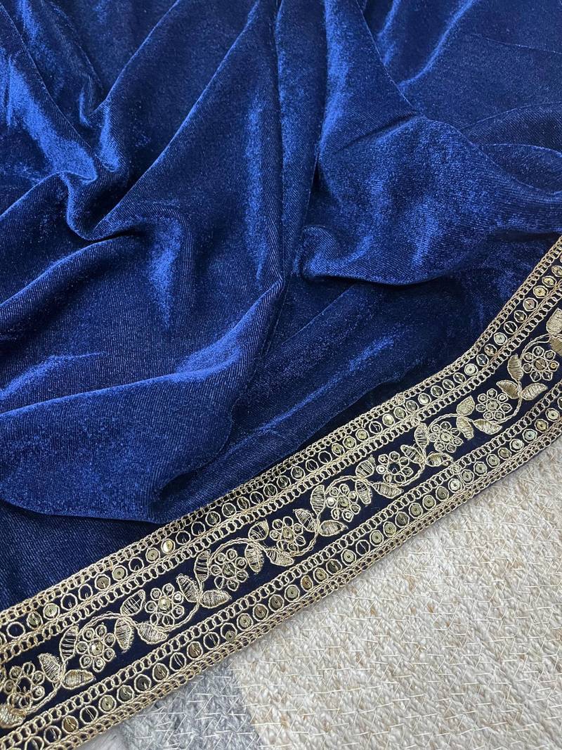 Navy Blue Color Plain With Embroidery And Sequins Work Viscose Velvet Saree