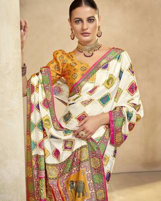 graceful ethnic off white style crepe silk blend digital foil printed saree 3