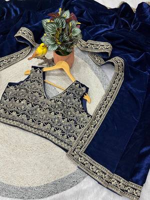 Navy Blue Color Plain With Embroidery And Sequins Work Viscose Velvet Saree 5