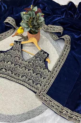 Navy Blue Color Plain With Embroidery And Sequins Work Viscose Velvet Saree