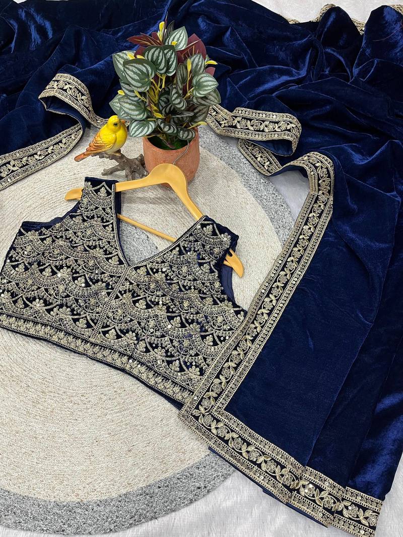 Navy Blue Color Plain With Embroidery And Sequins Work Viscose Velvet Saree