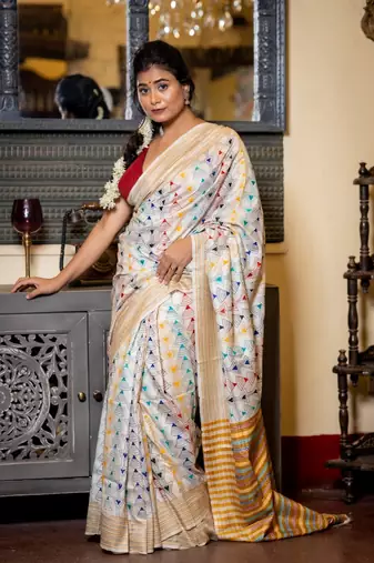 off white hand woven katan silk blend kantha work all seasons sarees