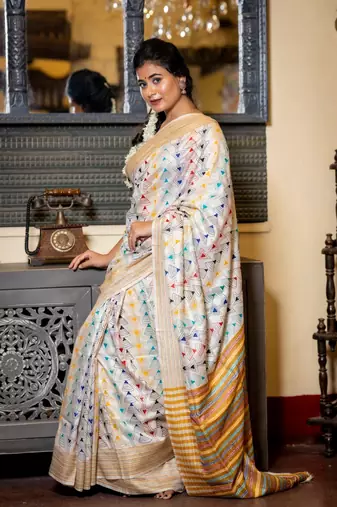 off white hand woven katan silk blend kantha work all seasons sarees