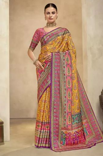 graceful ethnic yellow color bollywood style crepe silk blend designer digital foil printed saree