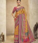 graceful ethnic yellow color bollywood style crepe silk blend designer digital foil printed saree