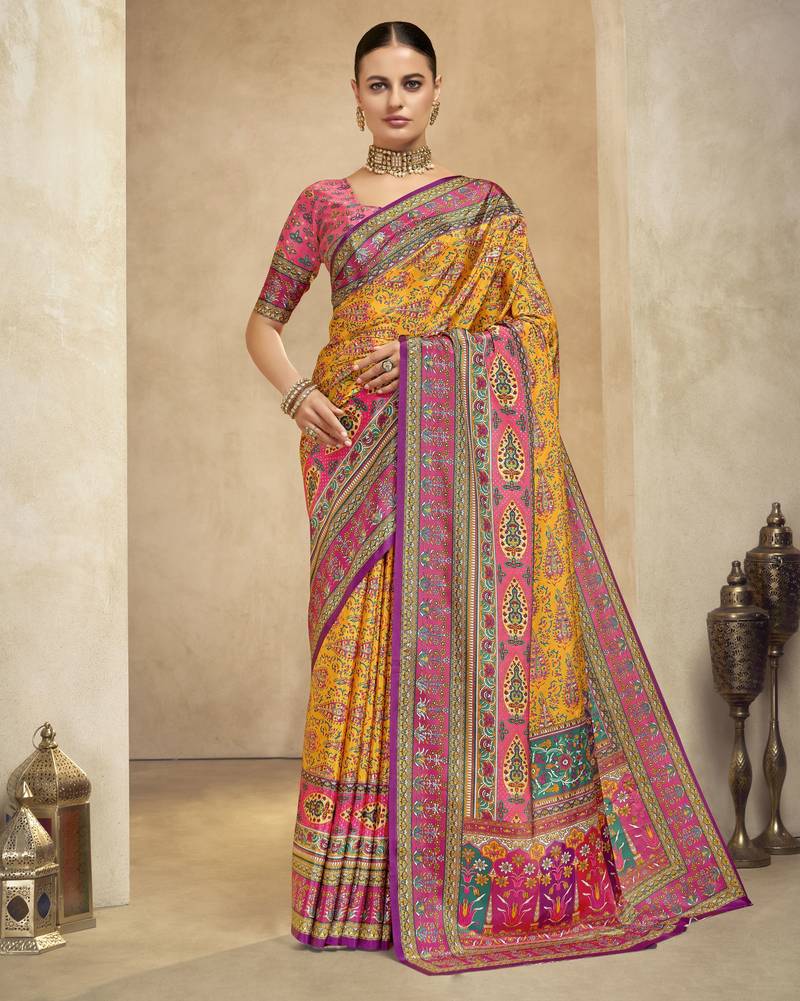 graceful ethnic yellow color bollywood style crepe silk blend designer digital foil printed saree