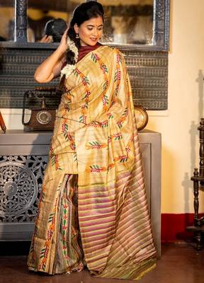 beige woven katan silk blend kantha work all seasons sarees 1