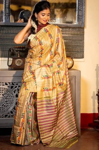 beige woven katan silk blend kantha work all seasons sarees