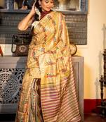 beige woven katan silk blend kantha work all seasons sarees