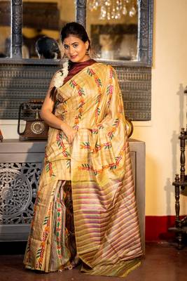beige woven katan silk blend kantha work all seasons sarees 2