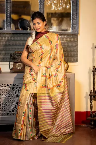 beige woven katan silk blend kantha work all seasons sarees