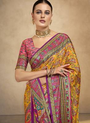 graceful ethnic yellow style crepe silk blend digital foil printed saree 3