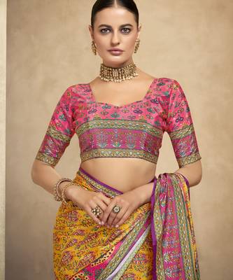 graceful ethnic yellow style crepe silk blend digital foil printed saree 4