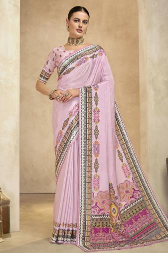 graceful ethnic purple color bollywood style crepe silk blend designer digital foil printed saree