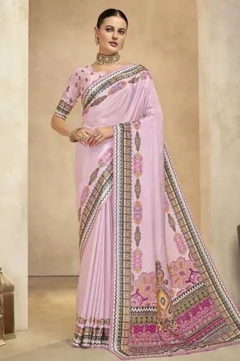 graceful ethnic purple color bollywood style crepe silk blend designer digital foil printed saree