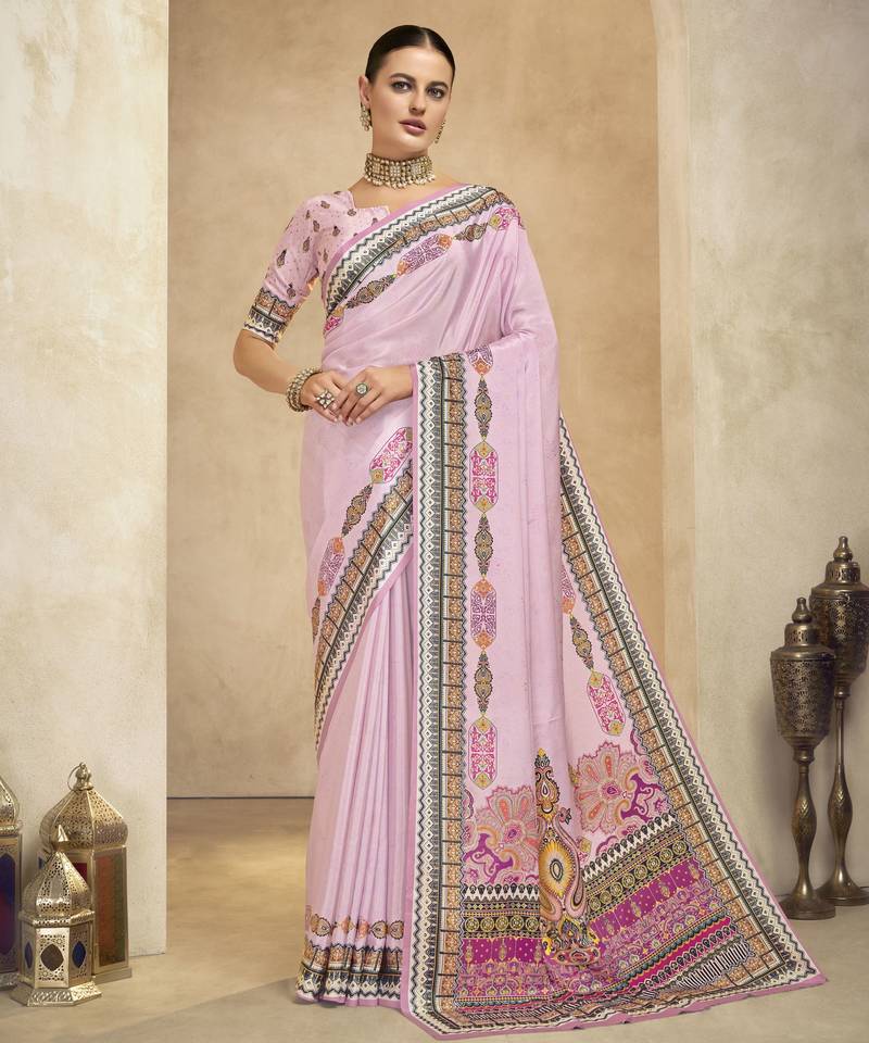 graceful ethnic purple color bollywood style crepe silk blend designer digital foil printed saree