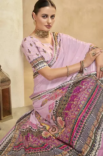 graceful ethnic purple color bollywood style crepe silk blend designer digital foil printed saree